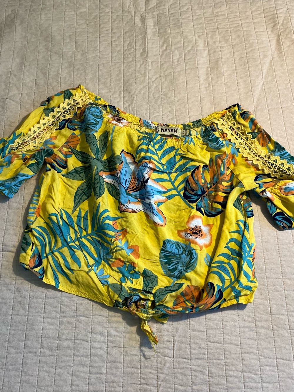 Wayan Yellow Tropical Off-Shoulder Tie-Front Crop Top